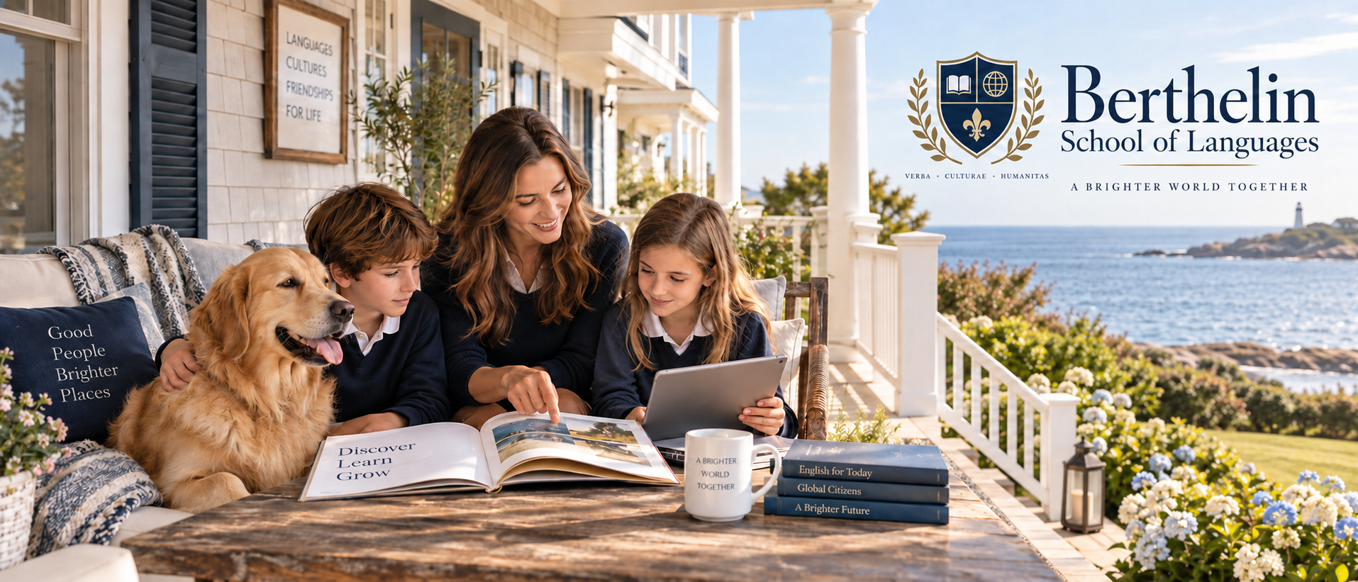 Familia estudiando en una casa junto al mar, con el logo de Berthelin School of Languages a la derecha
