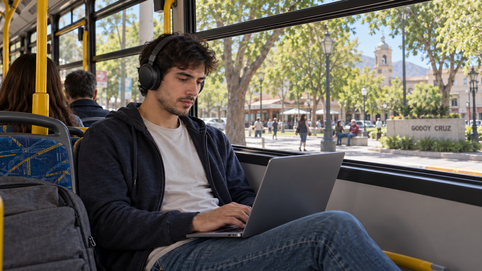 Persona estudiando con su laptop dentro de un colectivo en Godoy Cruz, Mendoza