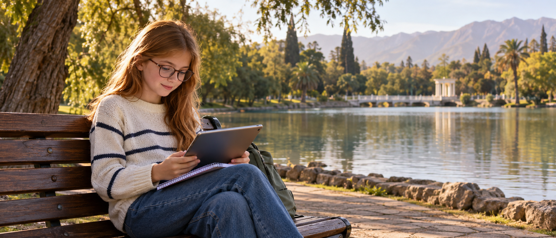 Niña estudiando con su tablet frente al lago del Parque General San Martín en Mendoza