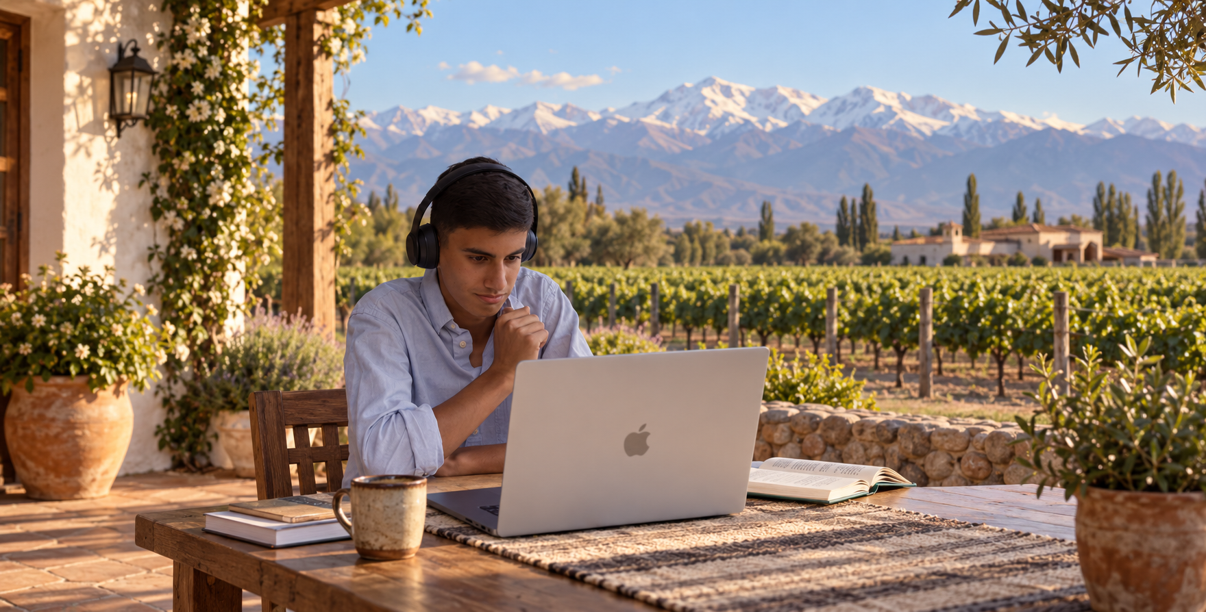 Joven estudiando con su laptop entre viñedos y la Cordillera de los Andes en Mendoza